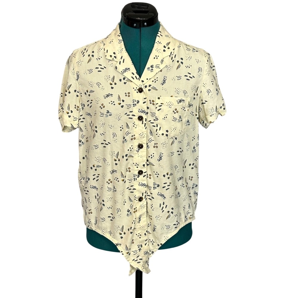 Kuhl Elsie Tie Front Button Down Short‎ Sleeve Shirt Cream Abstract Print Small